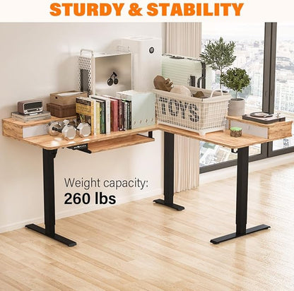 Kingant 63″x55″ L Shaped Electric Standing Desk with A/C Charging Port & Storage, Height Adjustable Corner Computer Gaming Table, Home Office Sit Stand Up Desk & Cable Management, Light Rustic Brown