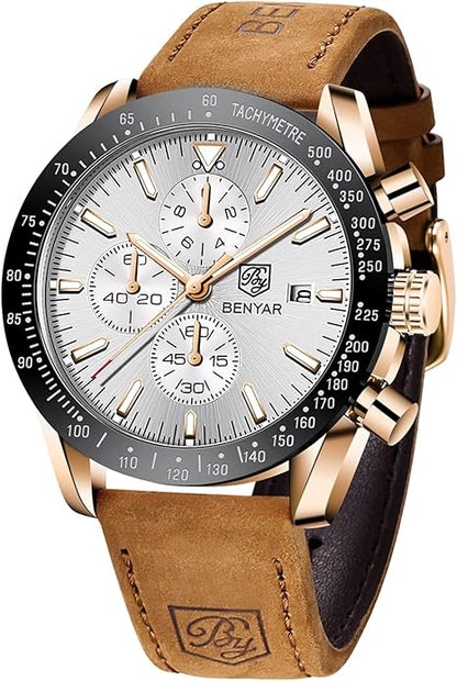 BY BENYAR Watch for Men Analog Quartz Chronograph Waterproof Luminous Designer Mens Wrist Watches Business Work Sport Casual Dress Watch with Silicone Strap Elegant Gifts for Men