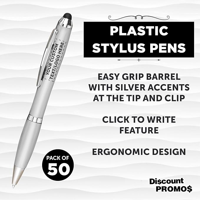 DISCOUNT PROMOS Custom Plastic Stylus Pens Set of 50, Personalized Bulk Pack - Black Ink, Great for Office, School, Business, Tradeshows, Events - Silver