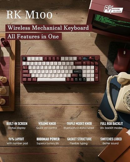 RK ROYAL KLUDGE M100 Wireless Mechanical Keyboard w/Screen & Dual Knobs, Tri-Mode Gasket Mount Gaming Keyboard with Number Pad, Hot Swappable Cream Switch, Red