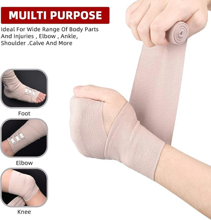 FRESINIDER Elastic Bandage Wrap 8 Pack(4 X 3 + 4 X 4 Wide Rolls) + 48 Clips | Stretch Compression Bandage Stretches up to 15ft | Ideal for Medical, Sports, Sprains, Calf, Ankle & Foot
