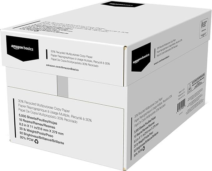Amazon Basics 30% Recycled Multipurpose Copy Printer Paper, 8.5 x 11 Inches, 20 lb, 10 Ream, (5,000 Sheets), 92 Bright, White