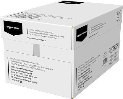 Amazon Basics 30% Recycled Multipurpose Copy Printer Paper, 8.5 x 11 Inches, 20 lb, 10 Ream, (5,000 Sheets), 92 Bright, White
