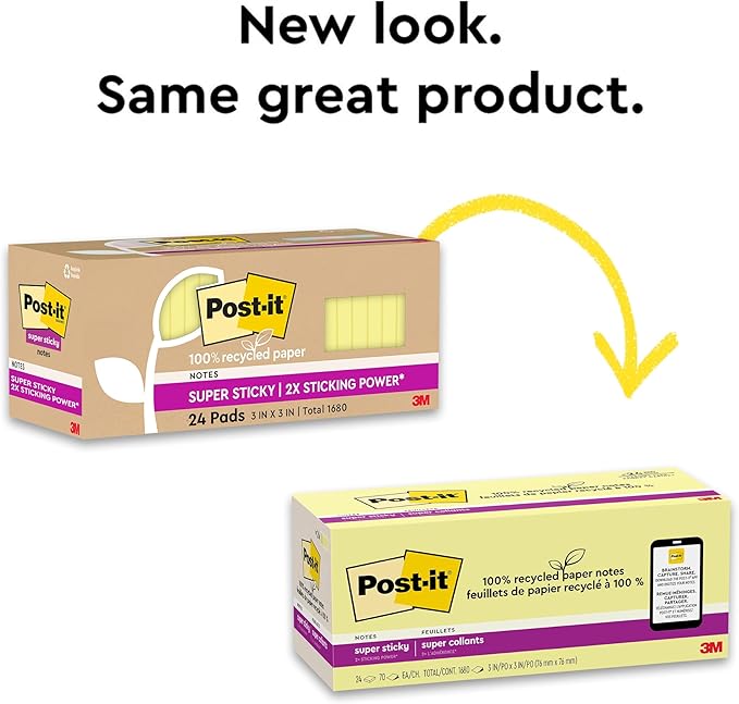 Post-it 100% Recycled Paper Super Sticky Notes, 2X The Sticking Power, 3x3 in, 24 Pads/Pack, 70 Sheets/pad, Canary Yellow (654R-24SSCY-CP)