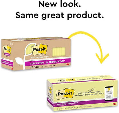 Post-it 100% Recycled Paper Super Sticky Notes, 2X The Sticking Power, 3x3 in, 24 Pads/Pack, 70 Sheets/pad, Canary Yellow (654R-24SSCY-CP)