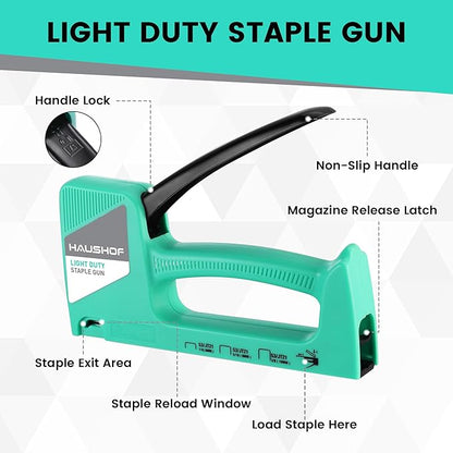 HAUSHOF Light Duty Staple Gun, Upholstery Staple Gun with 800PCS JT21 Staples and Stapler Remover, Fits JT21 Staple of 1/4'', 5/16'' & 3/8'', Used for Wood, Classroom, Crafts, DIY, Decoration (Green)