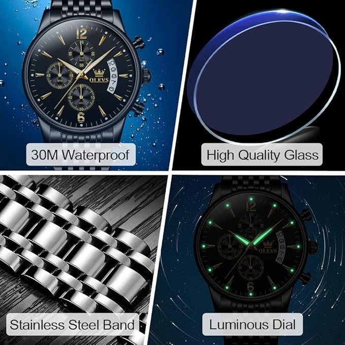 OLEVS Men's Stainless Steel Chronograph Watch, Big Face Gold Silver Black Tone Easy to Read Analog Quartz Watch, Luxury Waterproof Date Diamond Roman Arabic Numerals Dial Dress Watch for Men