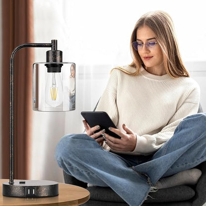 Industrial Touch Table Lamps Set of 2 - Rustic Black Bedside Lamps with 2 USB Ports & AC Outlet, 3-Way Dimmable Nightstand Desk Lamp for Bedroom Living Room Farmhouse, Glass Shade & LED Bulbs Included