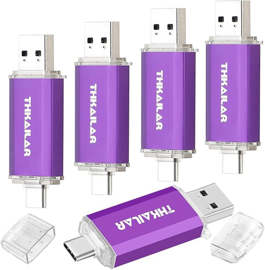THKAILAR 64GB USB C Flash Drive 5 Pack, Dual USB-A & Type-C Flash Drive, USB 3.0 Memory Stick for iPhone 15/16, Android, Mac, PC