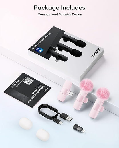 Wireless Lavalier Microphone for iPhone iPad and Android Phone, 2 Pack Lapel Mic Plug and Play Wireless Mic Noise Reduction Microphone for Video Recording Interview Podcast Vlog YouTube Tiktok (Pink)
