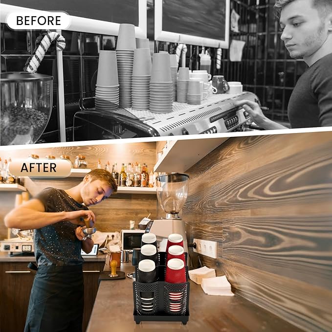 Paper Cup Dispenser, Cup and Lid Holder with 6 Slots, Disposable Coffee Cup Storage Organizer for Countertop, Office, Home, Breakroom, Restaurant, Coffee Station (Black)