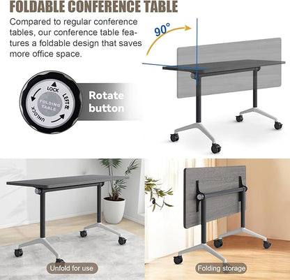 Conference Table, Folding Conference Room Tables, Modern Flip Top Seminar Training Meeting Table with Wheels, Modular Foldable Conference Tables for Home Office Classr (Gray 6 Pack 55.1inch)