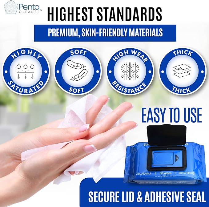 Advanced 75% Alcohol Hand Wipes - Sanitizing, Cleaning, FDA Registered, Pharmacist Developed, Moisture Seal Package, Size 6 x 8 Inch (15.2 x 20.3 cm), 4 Pack (240 Wipes Total)