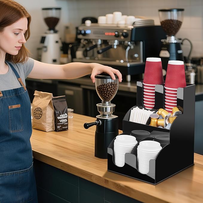 MYITYARD Coffee Station Organizer for Countertop, 3-Tier Coffee Bar Accessories, Acrylic Condiment and Cup Storage Organizer, 6 Compartments, Cup and Lid Holder for Pods, Syrup, Stirrer