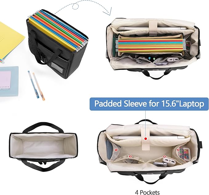 LoDrid File Tote Bag with Extra Document Organizer Case for Letter Size File Folders, Large Utility Bag with 15.6” Laptop Padded Sleeve for Work, Business, Black