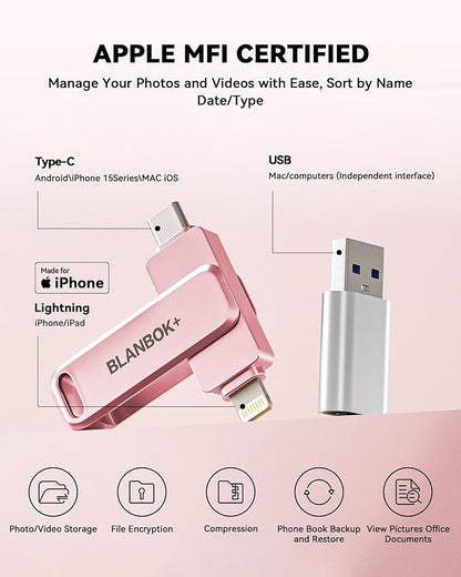 MFi Certified 256GB iPhone Photo Stick, USB Flash Drive for Photo/Video Backup, High-Speed Thumb Drive Compatible for iPhone/iPad/Android/PC (Pink)