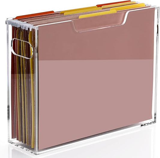 DINGHUO Acrylic File Organizer Box Letter Size Hanging File Organizer, Clear Folder Holder Portable File Box with Handle, Storage Filing Organizer for Desk, Office, School - 1 Pack