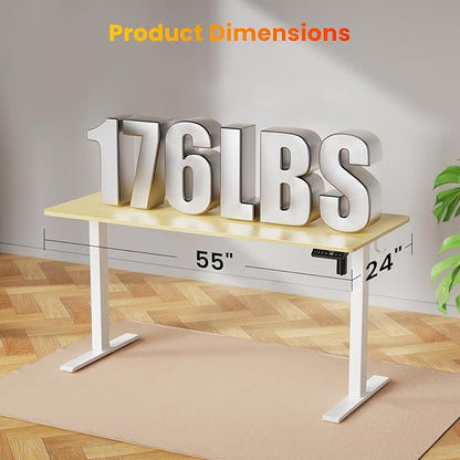 55x24 Inches Height Adjustable Electric Standing Desk with 2 Hooks for Home Office, Ergonomic Sit Stand up Desk with Splice Board, Oak