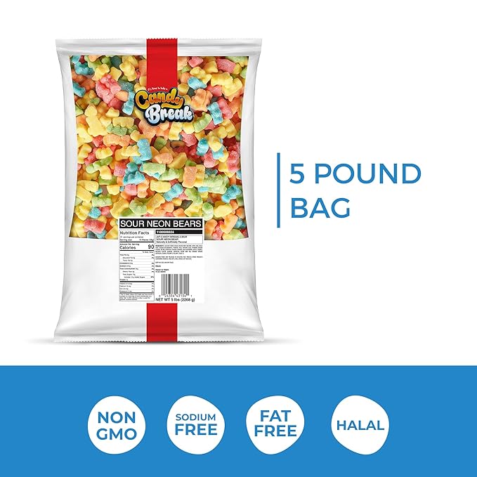 Candy Break Sour Neon Gummy Bears, Four Flavor Gummies, Sweet & Sour Candy Snacks for Kids & Adults, Bulk Candies Share Size Bag, Variety Pack, 5 lbs Pack of 1