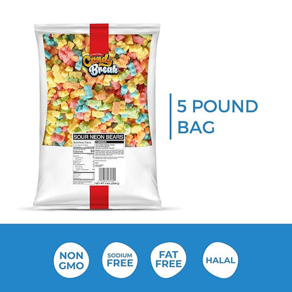 Candy Break Sour Neon Gummy Bears, Four Flavor Gummies, Sweet & Sour Candy Snacks for Kids & Adults, Bulk Candies Share Size Bag, Variety Pack, 5 lbs Pack of 1