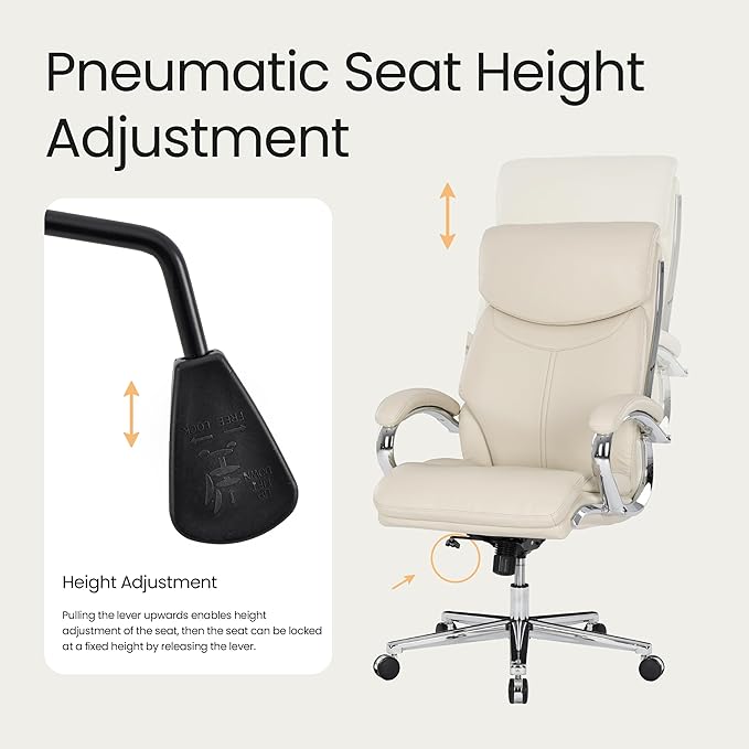 COLAMY Marcus Executive PU Leather Office Chair, High-Back Home Desk Chair Padded Seat & Back, Smooth-Rolling Casters – Luxury Ergonomic Desk Chair for Professional Workspaces (Beige)