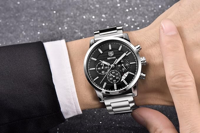 BENYAR Quartz Chronograph Waterproof Watches Business and Sport Design Leather Band Strap Wrist Watch for Men