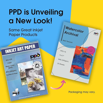 PPD Watercolor Printer Paper, 11 x 17 inches, 25 Sheets, Heavy 240 gsm/60 lb, Textured, Acid-Free, Compatible with Inkjet Printers