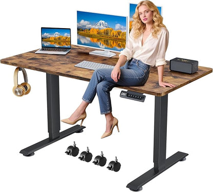 Himimi Electric Standing Desk Adjustable Height,63 x 24 inch Sit Stand up Adjustable Desk with Memory Presets,Portable Computer Desk for Gaming/Working,Free Hook, Lockable Wheels,Mouse Pad,Brown