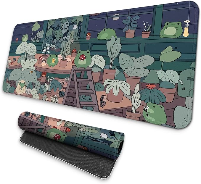 MAY FLOWER Large Gaming Mouse Pad, Full Keyboard Mat, Long Laptop Mousepad, Computer Mouse Mat for Home and Office, Anti-Slip Rubber Base, 31.5 x 11.8 Inches (Green Frog)