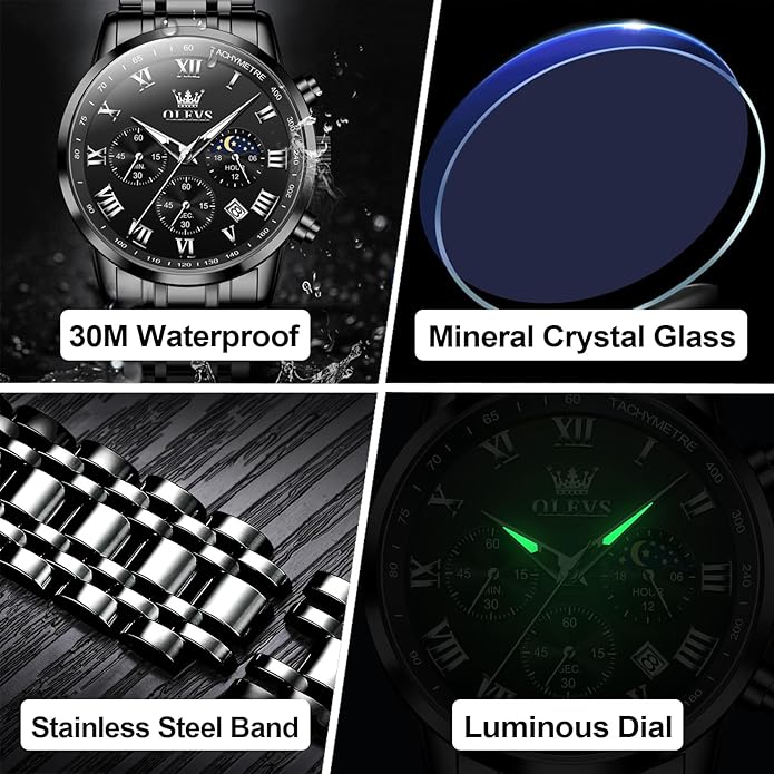 OLEVS Mens Stainless Steel Chronograph Watch, Big Face Roman Numerals Date Analog Quartz Dress Watches for Men, Fashion Multifunctional Waterproof Luminous Hands Men's Wristwatch
