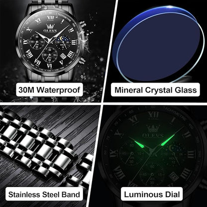 OLEVS Mens Stainless Steel Chronograph Watch, Big Face Roman Numerals Date Analog Quartz Dress Watches for Men, Fashion Multifunctional Waterproof Luminous Hands Men's Wristwatch