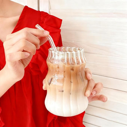 2 Pcs Ribbed Glass Cups, 18 oz Aesthetic Drinking Glasses for Coffee, Iced Drinks, Matcha - Wavy Design Glassware