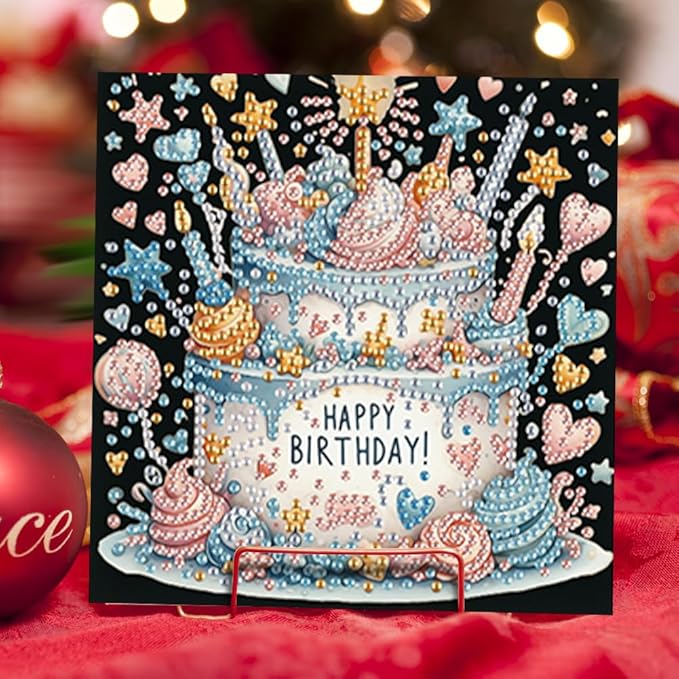 6PCS Diamond Art Painting Greeting Card Set, Birthday Cake Pattern Cards with Envelopes,DIY Card Making Kits Thank You Card Arts Crafts for Birthday