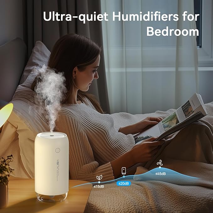 Portable Mini Humidifier, KQLKJ 350ml Small Cool Mist Humidifiers, USB Personal Desktop Humidifier for Bedroom Car Office Travel with Auto Shut-Off & 2 Mist Modes (White)