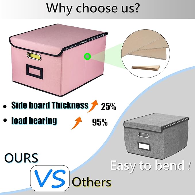 Collapsible File Organizer Box, filing Storage boxes for hanging files with lid, Linen Portable file folder box with handle, Decorative Document Storage Bins for Office/Home/Décor(Pink)