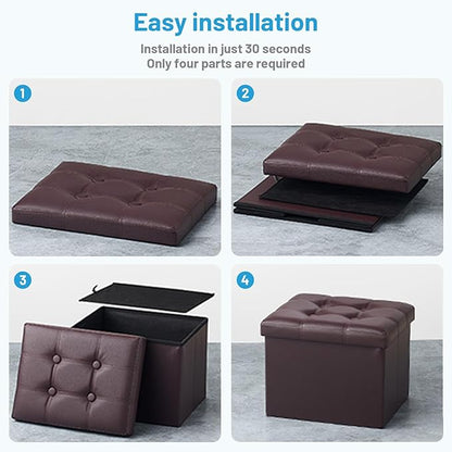 Storage Ottoman Foot Rest Stool, Small Leather Storage Ottomans Bench, Folding Footstool with Side Pockets, Foot Rest Under Desk for Living Room Bedroom, 16x12x12 in, Brown 2 Pack
