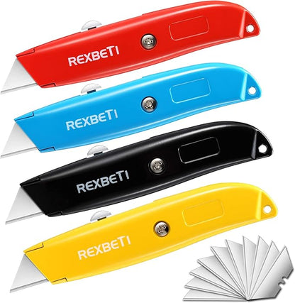 REXBETI 4-Pack Utility Knife, Heavy Duty Aluminum Shell Retractable Box Cutter for Cartons, Cardboard and Boxes, Extra 10 Blades Included