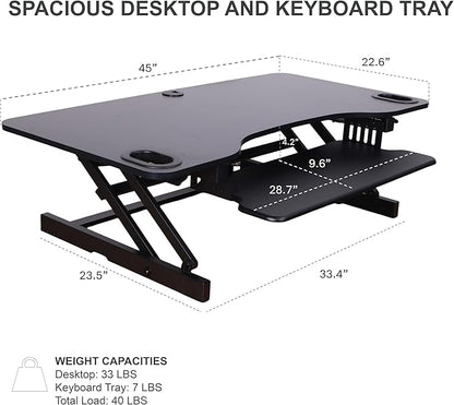 Rocelco 45" Height Adjustable Standing Desk Converter with Premium Dual Monitor Mount and Slide Out Retractable Keyboard Tray - Sit Stand Up Triple Screen Tabletop Riser - Black (R ADRB-45-MA2)