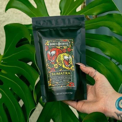 Bones Coffee Company NEW World Tour Sample Pack Box Set with Specialty Coffee Mug, 5 Assorted Single-Origin Low Acid Medium Roast Arabica Beans Flavored Coffee Gifts, 4 oz Pack of 5 Whole Bean