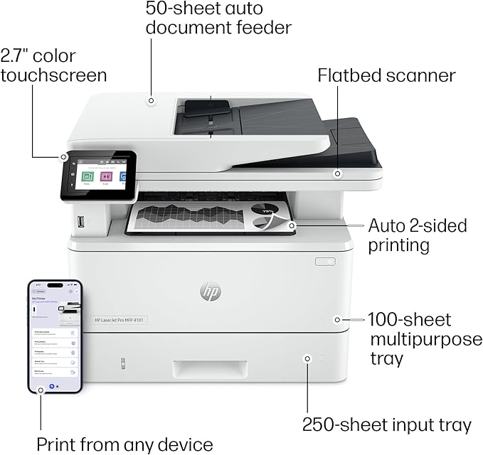 HP LaserJet Pro MFP 4101fdw Wireless Black & White All-in-One Laser Printer, Scanner, Copier, Fax, Best-for-Office (2Z619F)