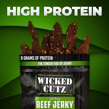 Wicked Cutz Volcanic Jalapeño Spicy Beef Jerky, 27g Protein Per Serving, Tender & Easy to Chew Alternative to Beef Sticks, USA Made High Protein Carnivore Snacks (2 Bags)