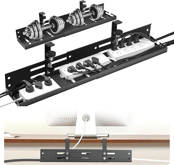 No Drill Under Desk Cable Management Tray, 17"-30" Retractable Long Cable Tray with Clamp Mount, Metal Cord Organizer, Support 50 lbs+, Wire Management Basket for Home Office, Black