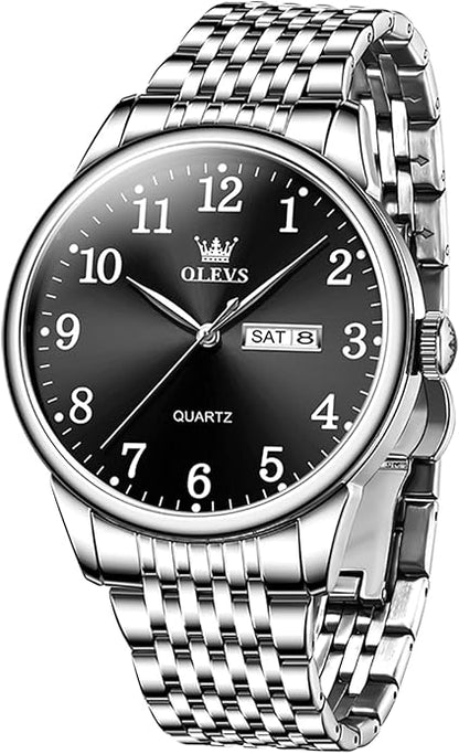 OLEVS Mens Watch Stainless Steel Analog Quartz Watches for Men Day Date Easy Read Diamond Waterproof Dress Luxury Classic Casual Big Face Blue/Black/Gold/Silver Roman Arabic Numerals Men's Wrist Watch