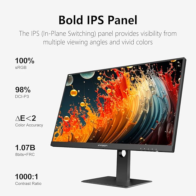 INNOCN 27 Inch 4K Monitor for MacBook Air/Pro, Mac mini PC, 3840 x 2160 LCD IPS Display, HDR400, USB C 65W, DP, HDMI, PC Monitor, 1.07B+ Colors, Built-in Speakers, Pivot Adjustable Stand, Black