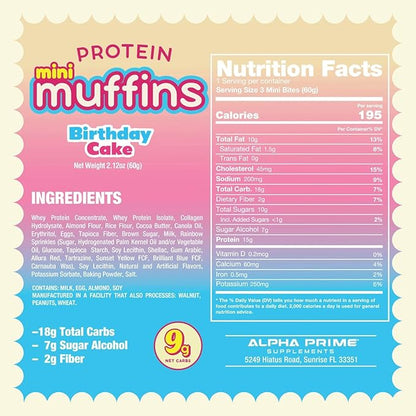 Prime Bites Minis | Protein Mini Muffins from Alpha Prime Supplements | High Protein, Collagen Fortified Low Sugar Treat | Delicious Snack | 12 Packs per Box - Birthday Cake