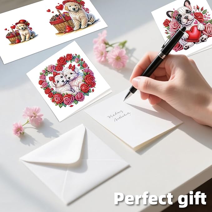 jinglinhh 12pcs Diamond Art Painting Valentine's Day Bear Dog Rose Flower Balloon Wreath Greeting Cards with Envelopes, DIY Card Making Kits for Adults, Diamond Art Holiday Birthday Cards Craft Gifts