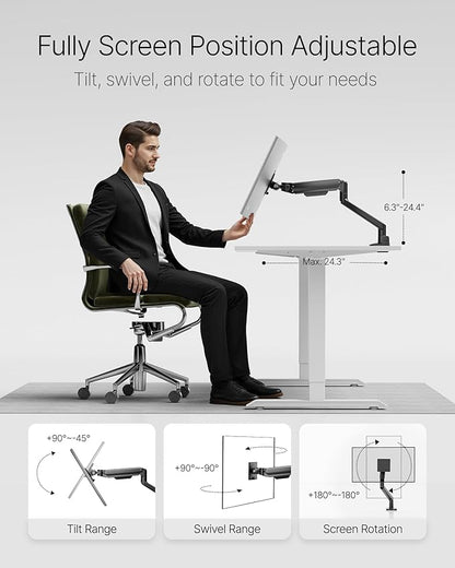 monTEK Deluxe Aluminum Monitor Arm with USB A/C for 17 to 40 Inch Curved Screens Fully Adjustable Single Monitor Arm with Clamp/Grommet, Quick Release Plate, Cable Management, VESA 75/100, MA1008UCBK