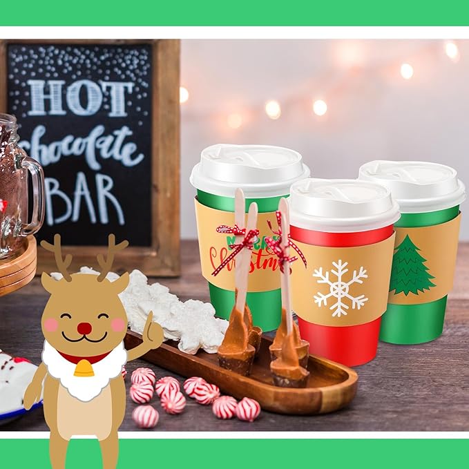 100 12 oz Christmas Cups with Lids and Coffee Cup Sleeves Bulk Red Green Disposable Christmas Paper Coffee Cups for Beverage Chocolate Tea Cocoa Xmas Holiday Table Decorations Party Favors