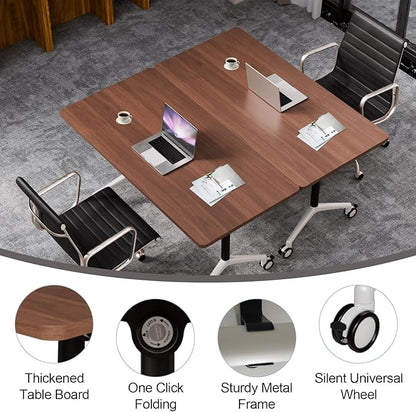 Conference Table Folding Conference Room Tables, Modern Mobile Meeting Training Table with Silent Wheels, Foldable Seminar Table for Offices, Classrooms, Libraries (4, walnut2, 61in)