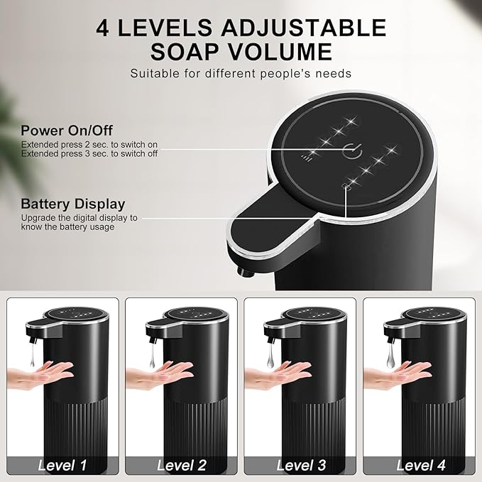 Automatic Liquid Soap Dispenser, 12.2oz/360ml Rechargeable Touchless Hand Soap Dispenser, 4 Level Adjustable with Display, Waterproof Wall Mounted Soap Dispenser for Bathroom Kitchen, Black